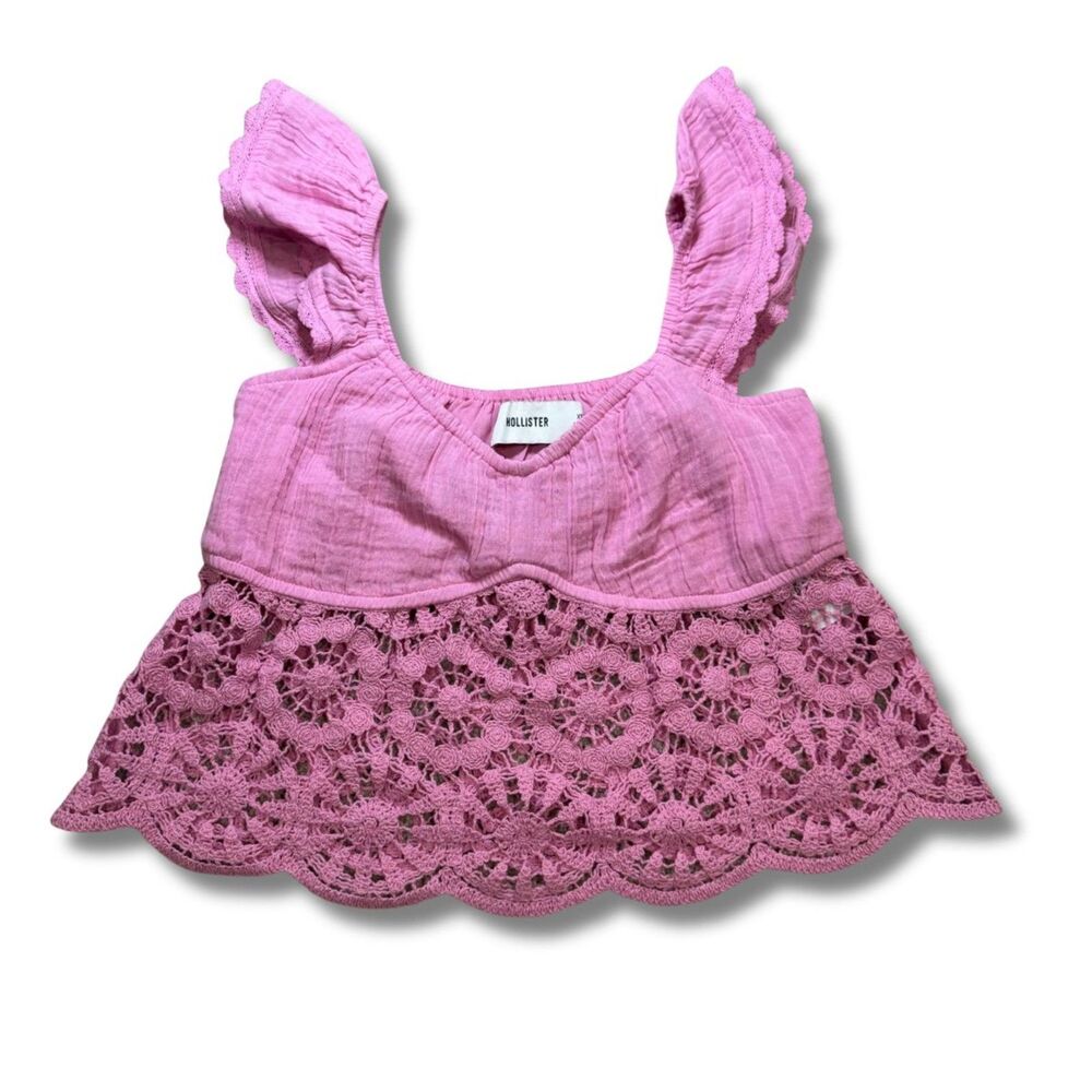 Hollister Crochet Trim Flutter Sleeve Tank - Pink, XS
